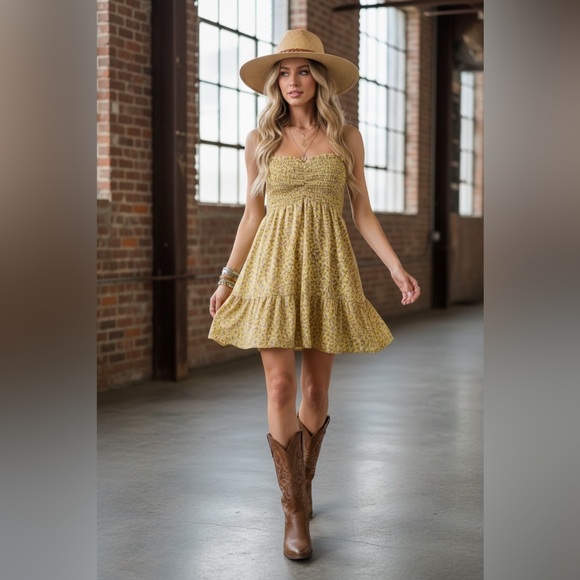 Saints and Heart Ditsy Floral Print Boho Smocked Summer Yellow Mini Dress - Picture 3 of 5